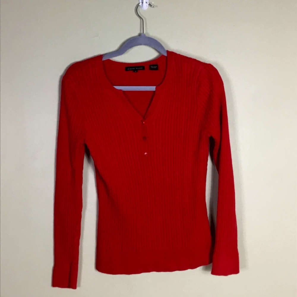 Jeanne Pierre Women Cable knit V-Neck   100% Cotton  Red Sweater Sz. Sm EUC